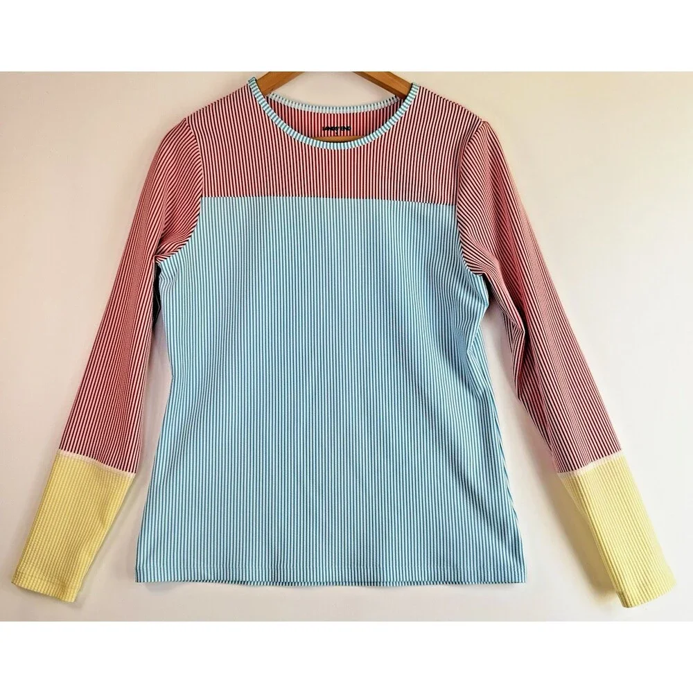 Lands End Girls Seersucker Rash Guard Swim Shirt Medium 10 12 Long Sleeve UPF 50